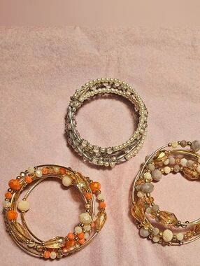 3 Set Multi-Row Beaded Wrap Bracelets - Pearl and Orange